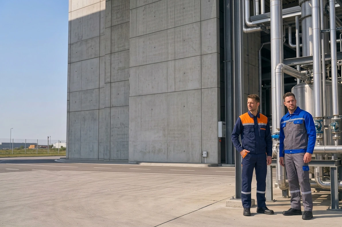 Deux professionnels portant les ensembles de travail ARMOTEX devant un site industriel